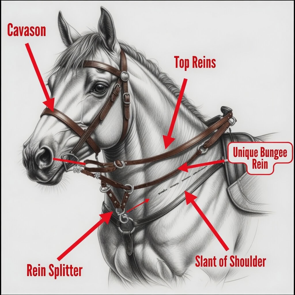 Ragusin Collection Reins diagram showing cavason, top and bottom reins, bungee rein, rein splitter, and slant of shoulder